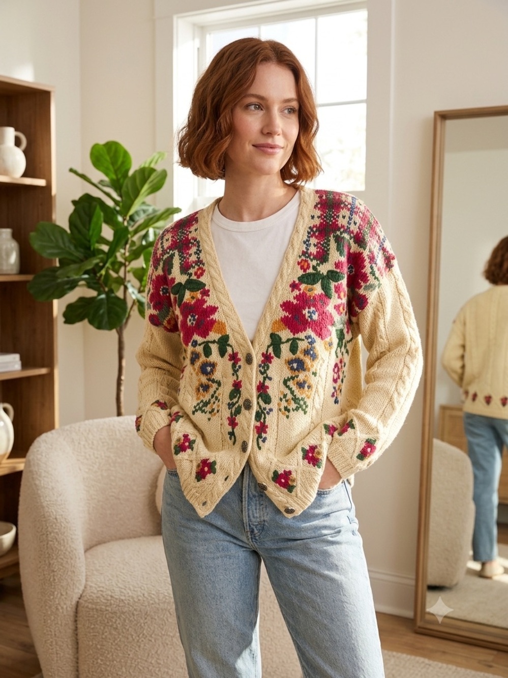 VTG ID Distinctions Floral Granny Cottagecore Knit Cardigan Small.